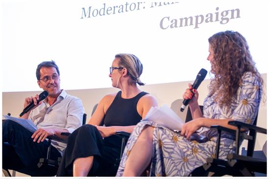 André Sallowicz (left) and Franki Goodwin join Maisie McCabe onstage at Cannes Download.