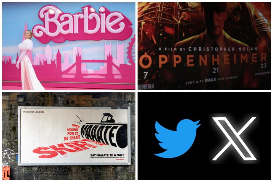 Collage of Barbie and Oppenheimer film posters, Maaate billboard and Twitter X logos