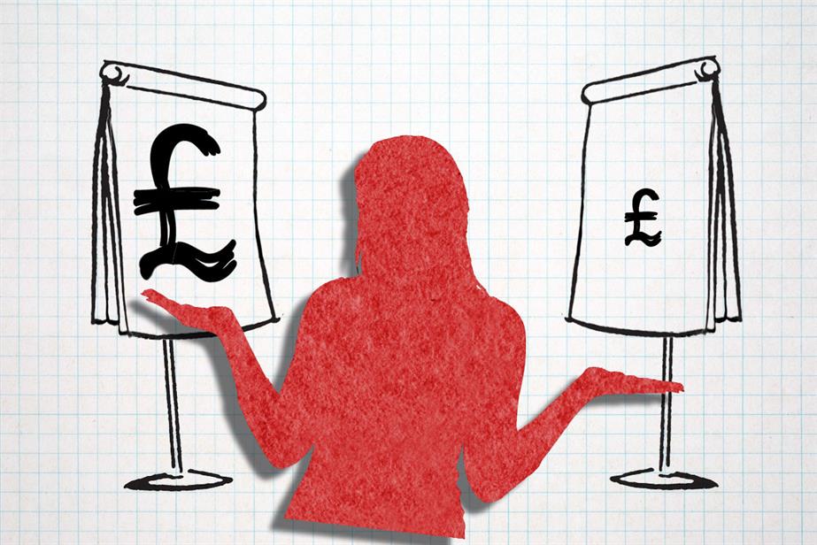 Graphic illustration on graph paper background. There is a red silhouette of a figure with arms half raised as if weighing up something. On the left is a flipchart with a large pound sign, on the right is a flipchart with a smaller pound sign