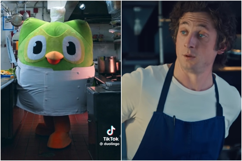 Screenshots of Duolingo's mascot and Jeremy Allen White from The Bear