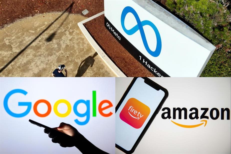 A collage of Meta, Amazon and Google logos