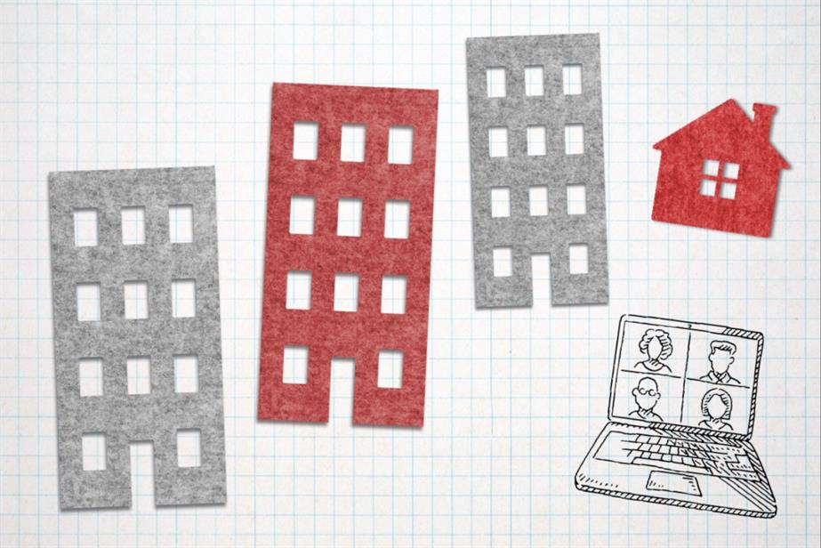 Graphic of felt apartments and a house and a video call on a computer