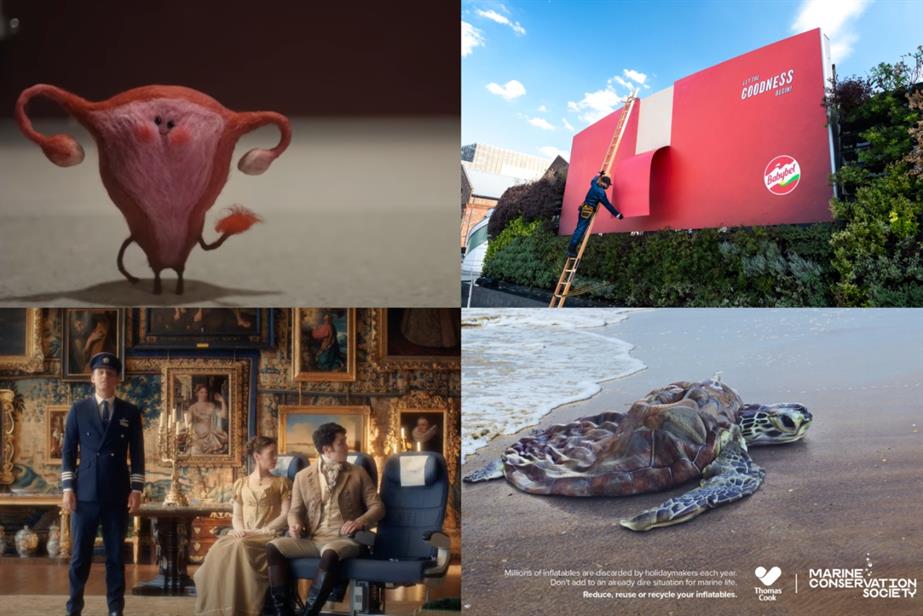 Collage of Bodyform, Babybel, Thomas Cook and Marine Conservation Society, and British Airways