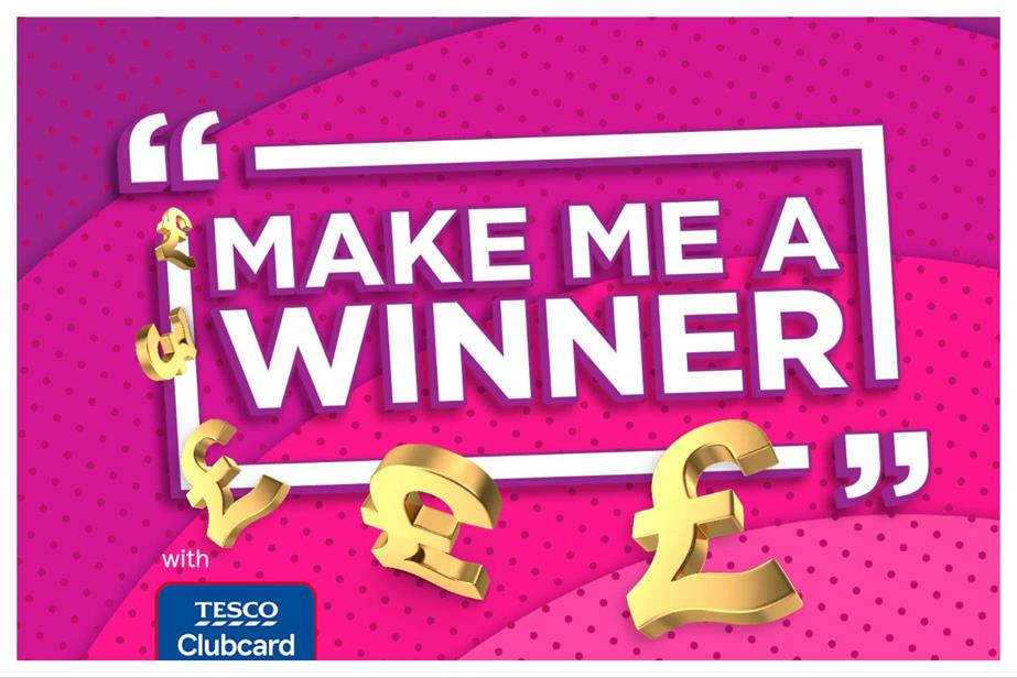 The words 'make me a winner' on a pink background with the Tesco Clubcard logo at the bottom