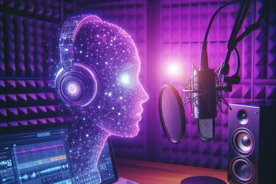 Image of an artificial person speaking into a microphone