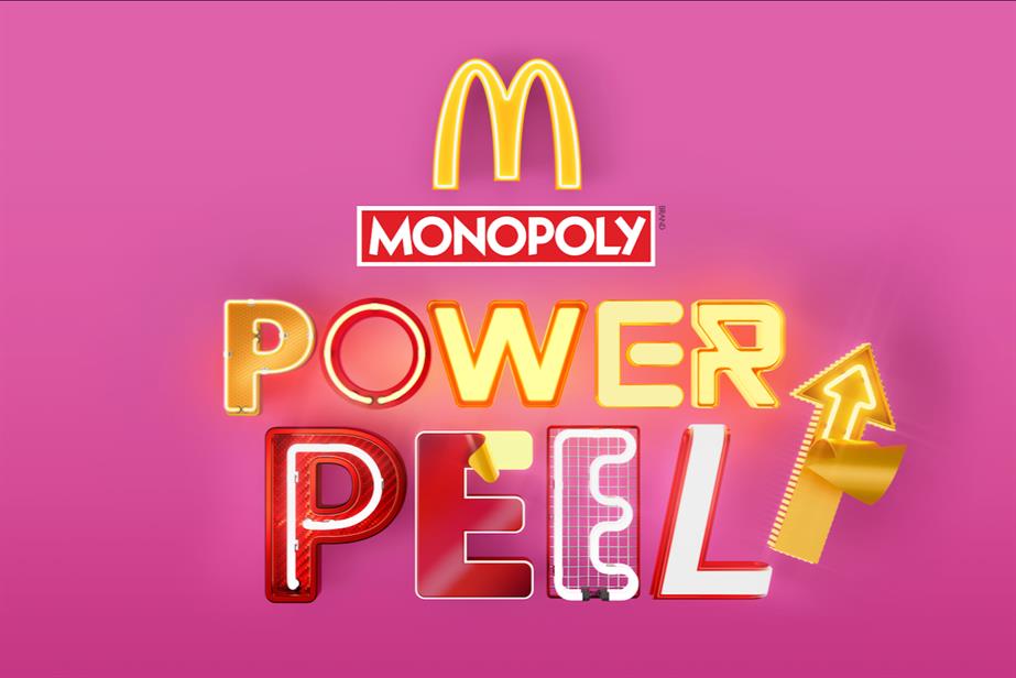 A bright pink background over which is superimposed in gold and red neon the words 'Monopoly Power Peel' 