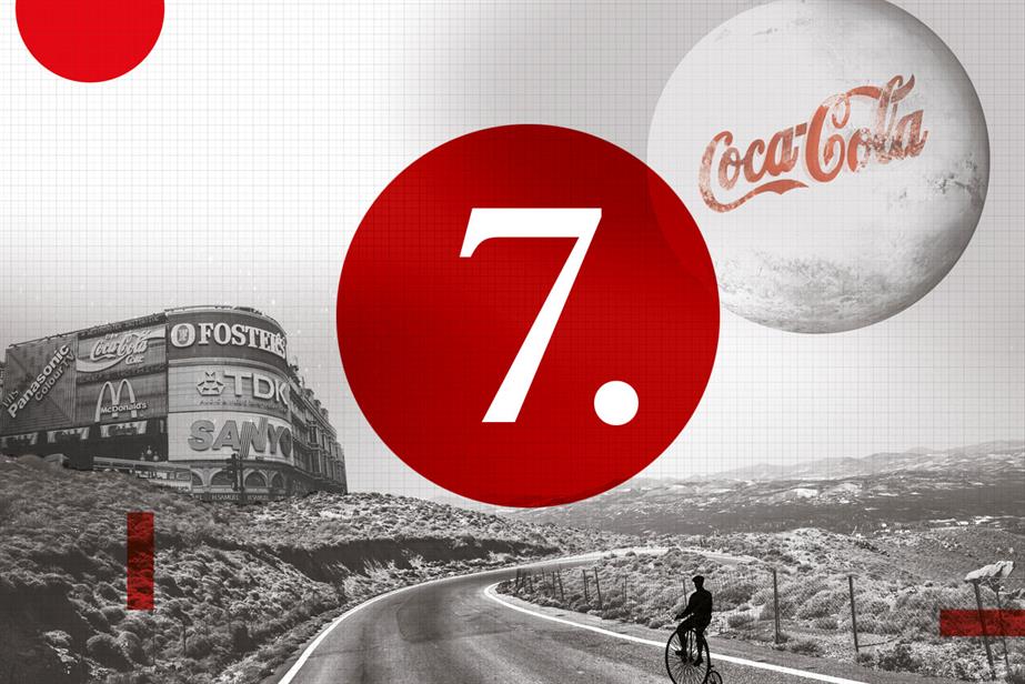 Collage of Piccadilly Lights site in remote landscape with Coca-Cola logo and overlaid with the number 7 in a red circle