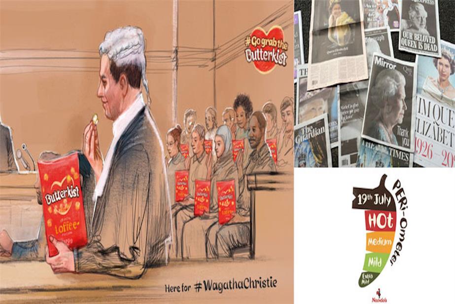 Montage of Butterkist and Nando's tactial ads next to media coverage of Queen's death