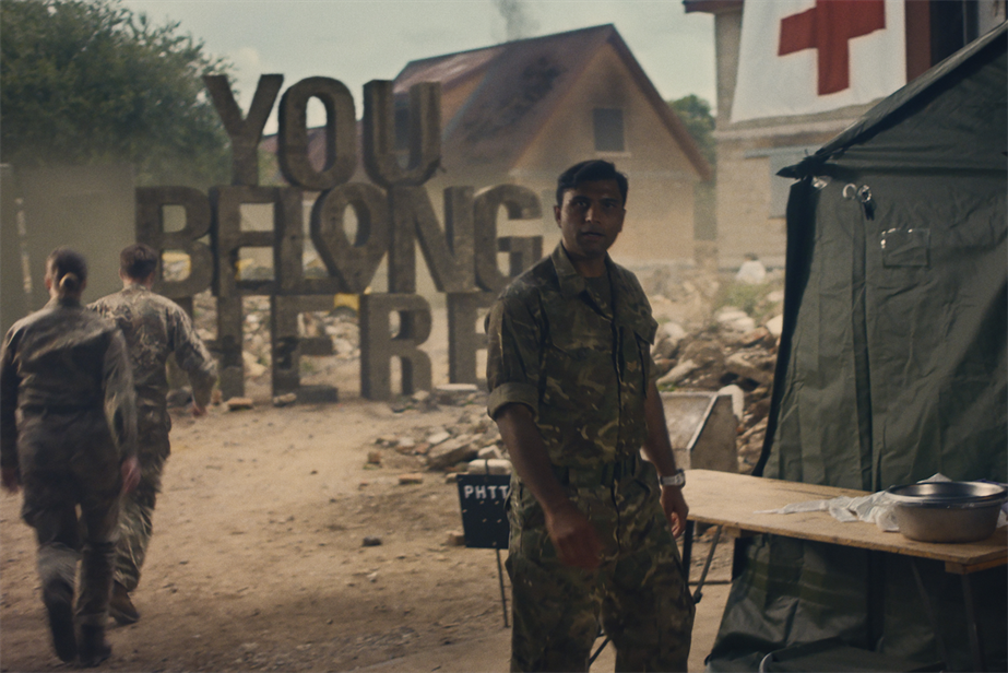 Screenshot from Capita and the British Army's "You belong here" campaign depicting a medic on a war site