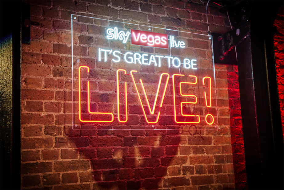 Photo of Sky Vegas Live-themed LED light, which reads the copy "It's great to be LIVE!"