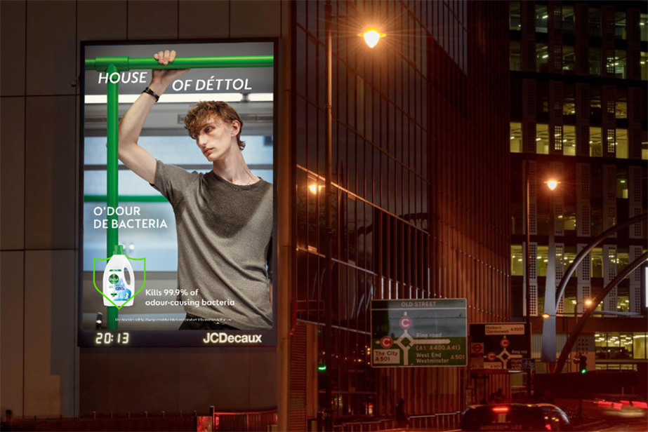 a man on the underground with a sweaty t-shirt for dettol's ad